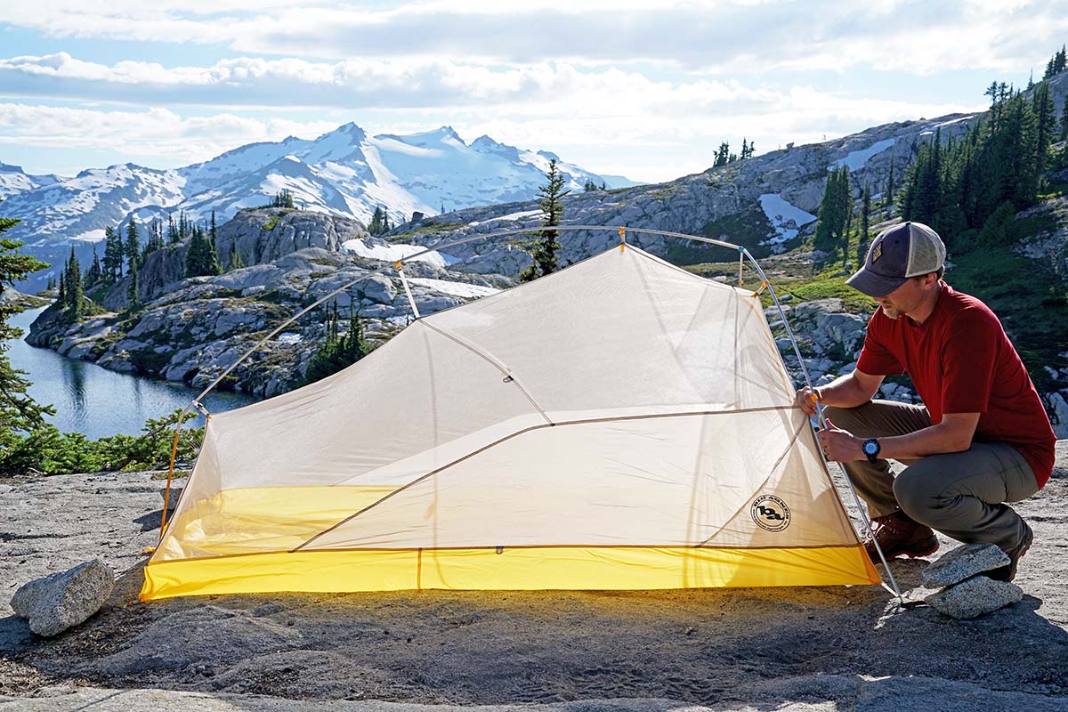 Backpacking tent (Big Agnes Fly Creek HV UL2 set up on rock)